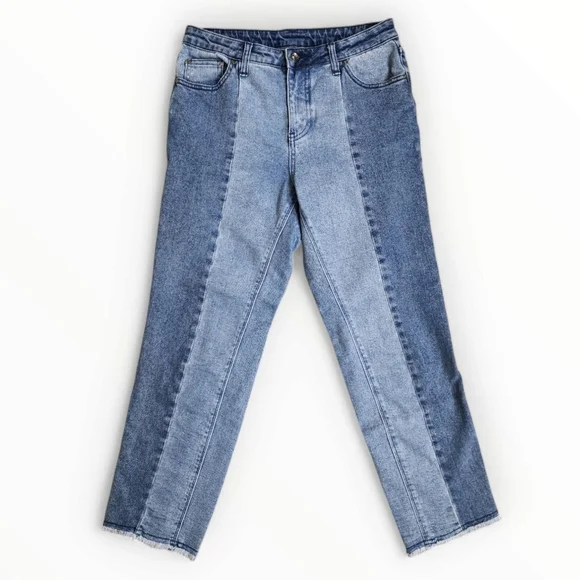 Two Toned Denim Mom Jeans Size 28 High Waisted Raw Hem Cropped - Picture 4 of 13